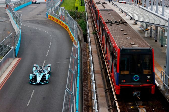 Formula E has taken motor racing to urban streets, and it's hoped that E1 events will also take place in major cities. E1 is in negotiations with cities around the world, with Venice, Budapest and Monaco all likely destinations for the first season. Pictured, a Formula E car races alongside a passenger train in the London E-Prix, April 2021.