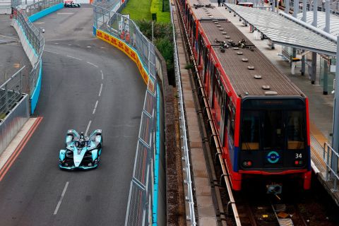 Formula E has taken motor racing to urban streets, and it's hoped that E1 events will also take place in major cities. E1 is in negotiations with cities around the world, with Venice, Budapest and Monaco all likely destinations for the first season. Pictured, a Formula E car races alongside a passenger train in the London E-Prix, April 2021.