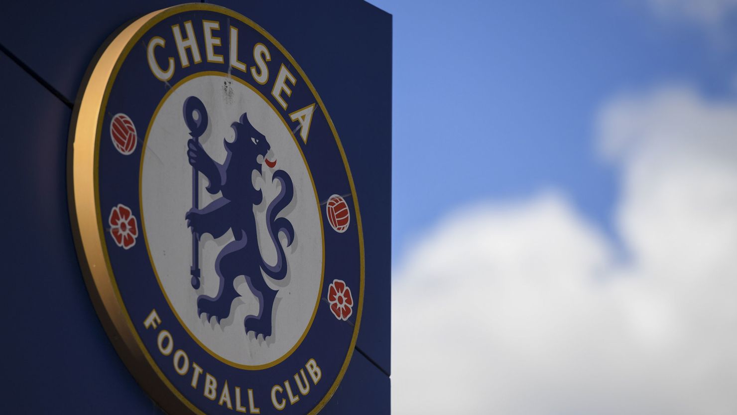 A Chelsea Football Club emblem at Stamford Bridge Stadium in London, UK.
