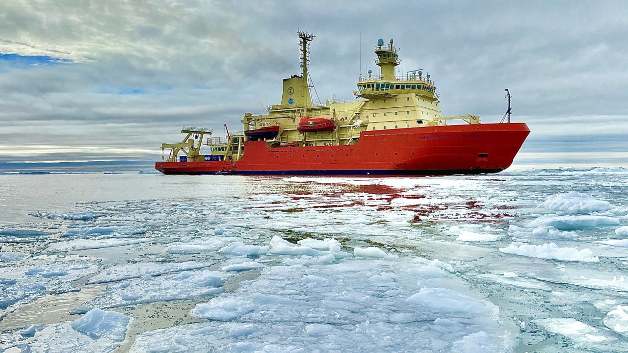 Nathaniel B. Palmer ship among icebergs. Credit: Dr. Patricia Yager