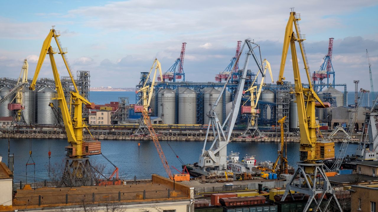 Storage silos and shipping cranes at Odesa's port, pictured earlier this year before Russia's war in Ukraine.  