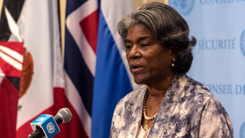 Linda Thomas-Greenfield, the US ambassador to the United Nations, speaks to reporters at the UN headquarters in New York on March 24, 2022. 