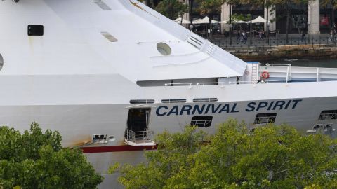 A Carnival Spirit cruise ship sits empty at Circular Quay on March 16, 2020 in Sydney, Australia. 