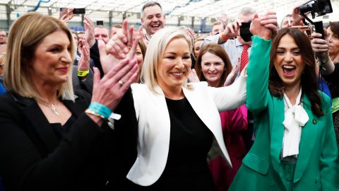 Sinn Fein Vice President Michelle O'Neill, centre, celebrates with her party colleagues after being elected in Central Ulster at the Medow Bank Election Counting Center in Magherafelt, Northern Ireland , on Friday, May 6, 2022. 