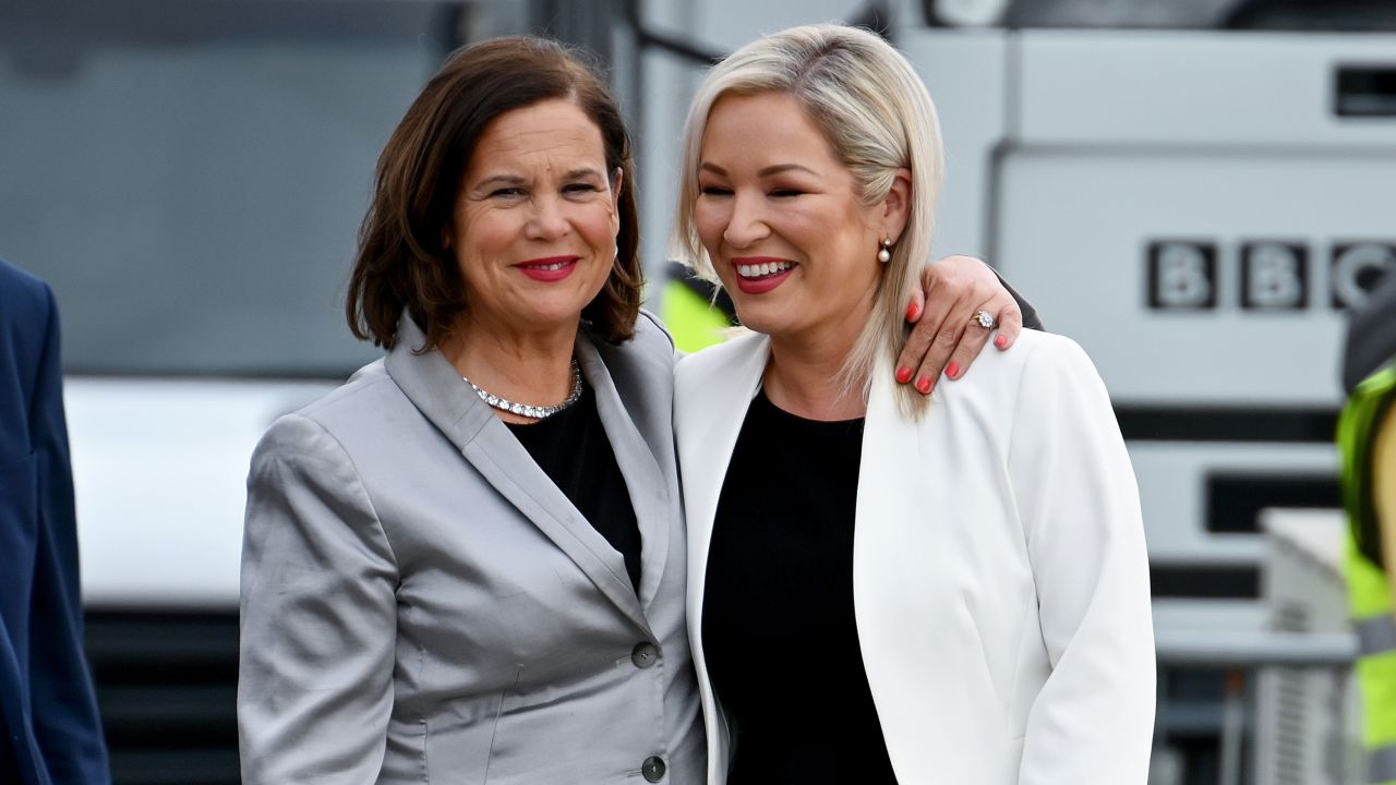 Sinn Fein leader Mary Lou McDonald (left) and Sinn Fein Northern Ireland leader Michelle O'Neill (right) arrive at the election count in Belfast on May 6 2022.