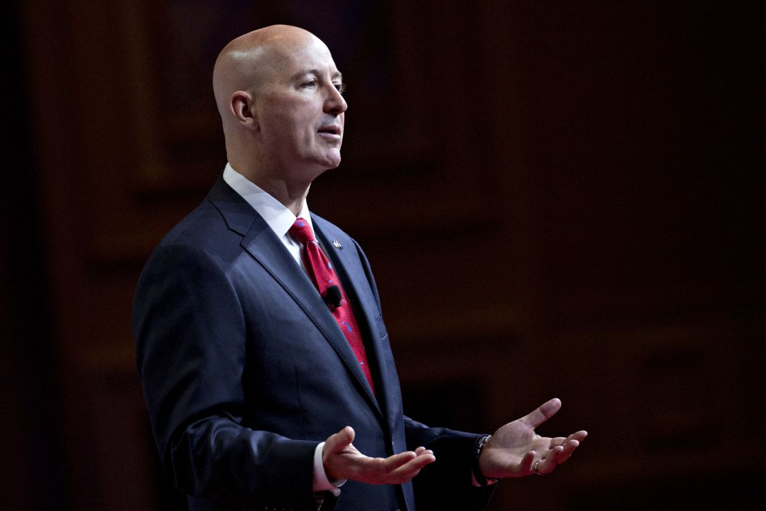 Nebraska Gov. Pete Ricketts, seen here in 2018, is supporting Jim Pillen for governor. 