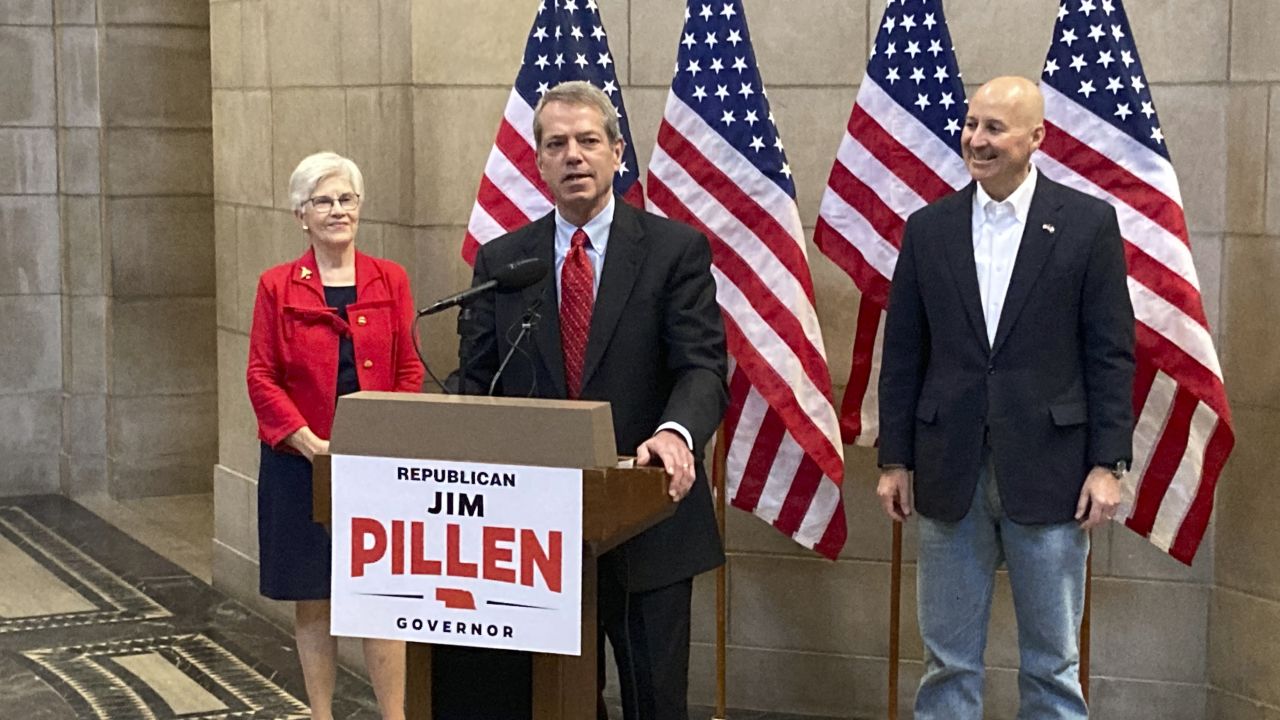 Jim Pillen, center, talks about his campaign after receiving an endorsement from Ricketts, right, in January.