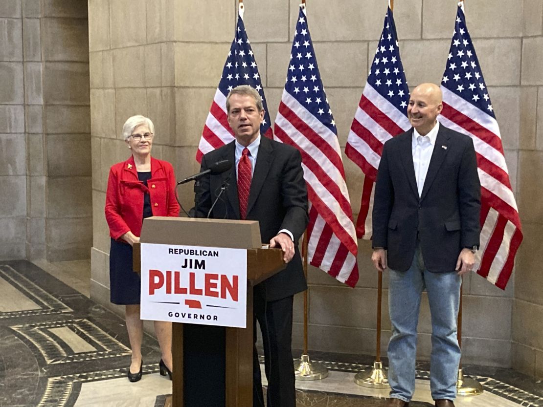 Jim Pillen, center, talks about his campaign after receiving an endorsement from Ricketts, right, in January. 