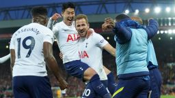 Tottenham's Son Heung-min, second left, celebrates with his teammates after scoring his side's opening goal during the English Premier League soccer match between Liverpool and Tottenham Hotspur at Anfield stadium in Liverpool, England, Saturday, May 7, 2022. 