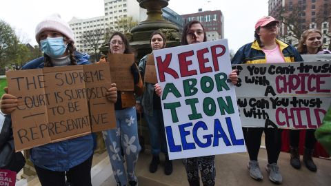 People rally at the state capitol in Lansing, Michigan, on May 2, 2022, in support of abortion rights after a draft of the Supreme Court opinion was leaked in favor of overturning Roe v. Wade.