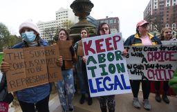 People rally at the state capitol in Lansing, Michigan, on May 2, 2022, in support of abortion rights after a draft of the Supreme Court opinion was leaked in favor of overturning Roe v. Wade.