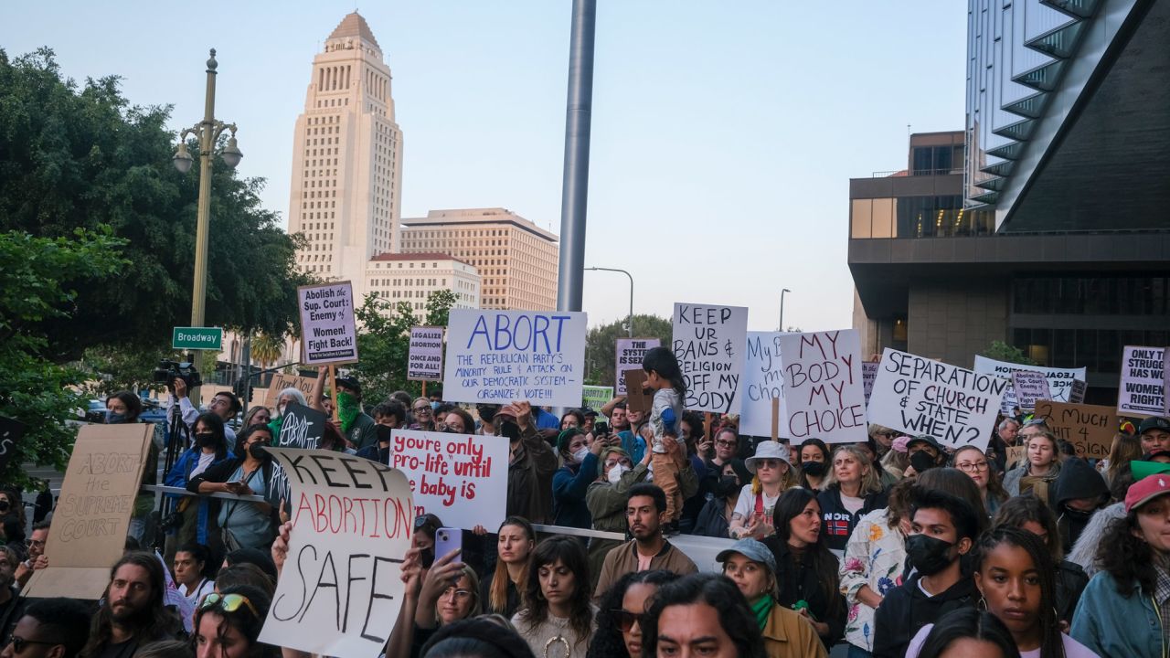 Demonstrators protest in Los Angeles on Tuesday, March 3, 2022. 