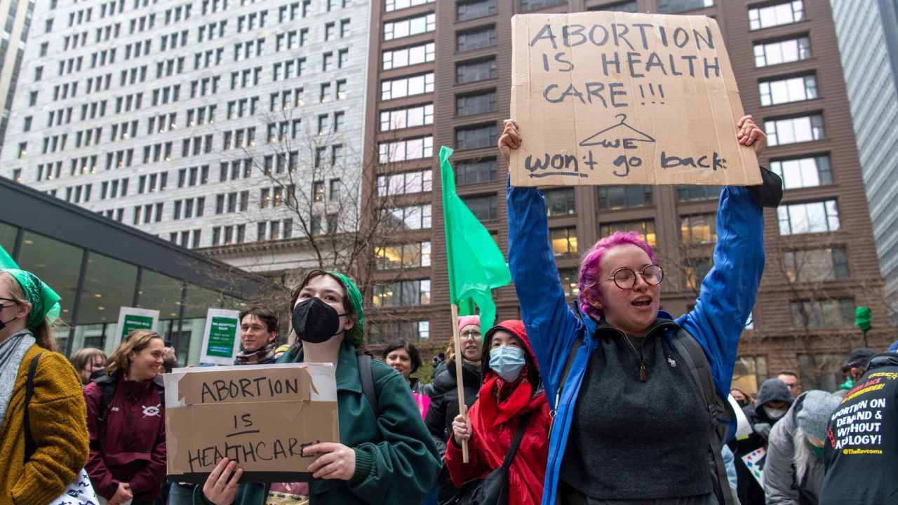 Protestors held a rally in Chicago on May 3 following the leak of a Supreme Court draft that indicated the Supreme Court may overturn Roe v. Wade.