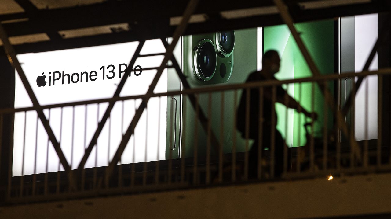 An outdoor advertisement for the Apple iPhone 13 Pro, seen in April in Wuhan, China. 