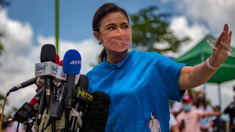 Vice President Leni Robredo speaks to the media after casting her vote at a school converted into a polling precinct on May 9, in Magarao, Camarines Sur province, Philippines.