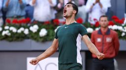 MADRID, SPAIN - MAY 08: Carlos Alcaraz of Spain reacts after winning against Alexander Zverev of Germany during the Final ATP match during the Mutua Madrid Open 2022 celebrated at La Caja Magica on May 08, 2022, in Madrid, Spain. (Photo by Oscar J. Barroso/Anadolu Agency via Getty Images)