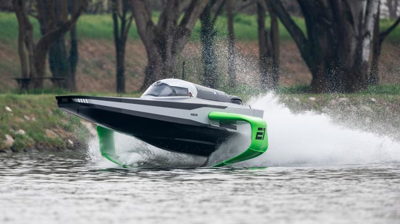 7th April  2022. San Nazzaro. Italy.
Pictures of the E1 Race Series 'RaceBird' RB01. The foiling electric race boat shown here testing for the first time.
Photo by Lloyd Images