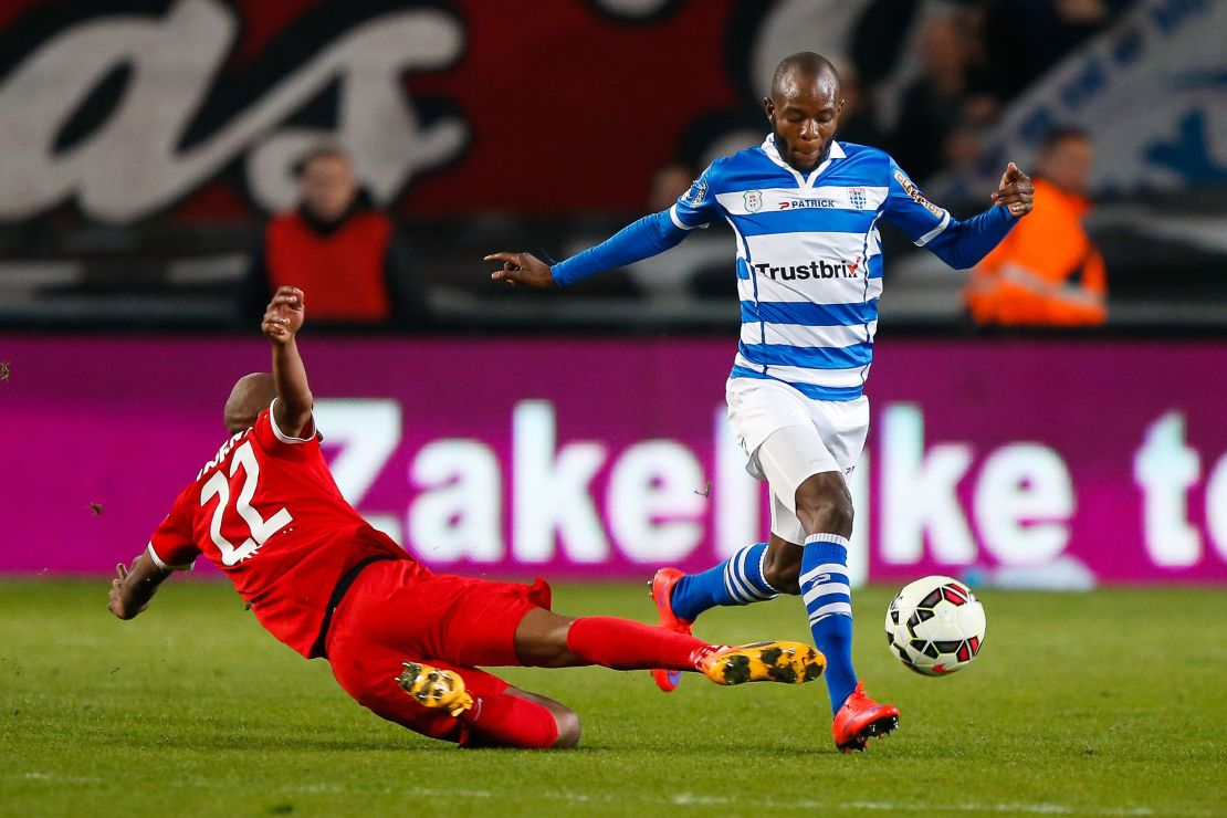 Jody Lukoki (right) competes for PEC Zwolle in the Dutch Cup semifinal against FC Twente on April 7, 2015 in the Netherlands. 