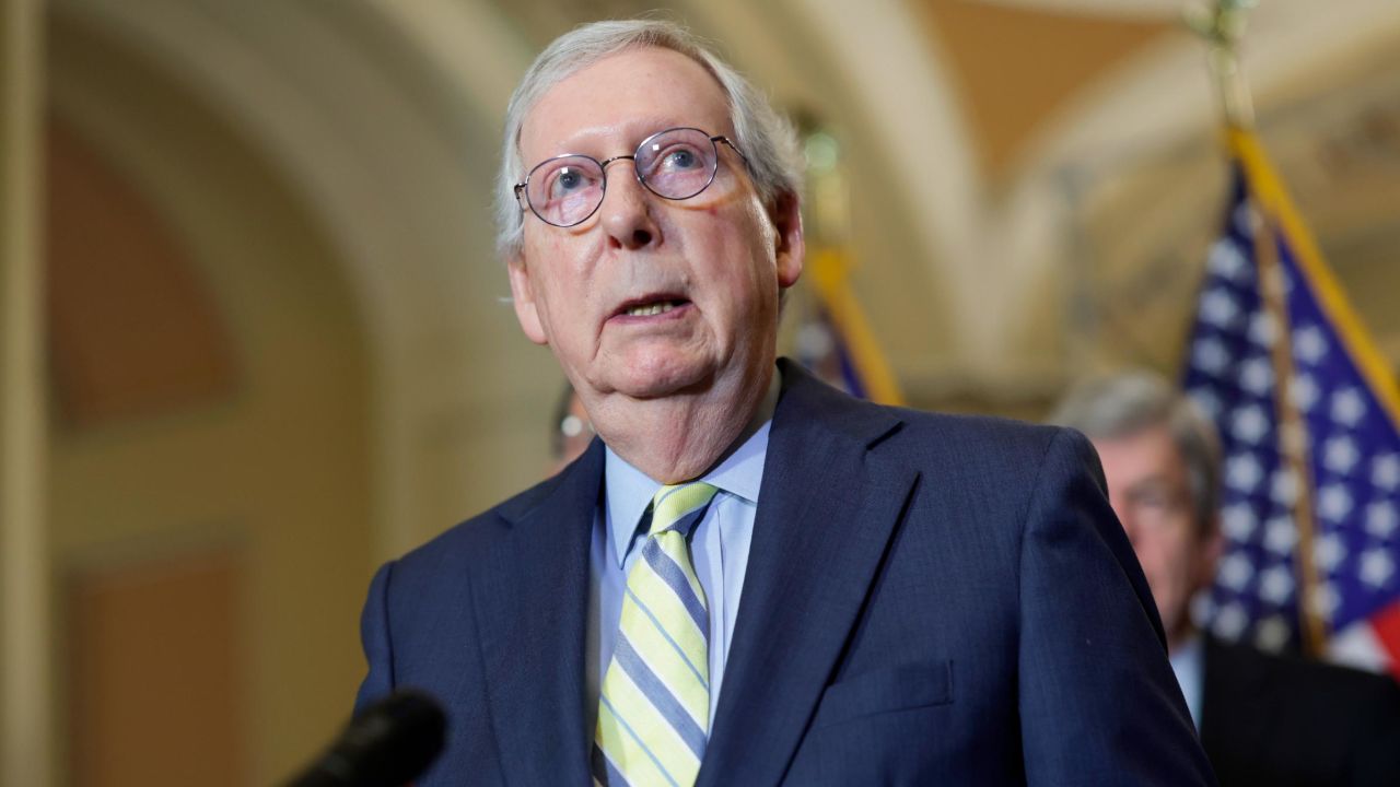 WASHINGTON, DC - MAY 03: U.S. Senate Minority Leader Mitch McConnell (R-KY) speaks to reporters following the weekly Republican policy luncheons, on May 03, 2022 in Washington, DC. Leader McConnell called the leak of the draft Supreme Court decision overturning Roe v. Wade lawless and an act of intimidation. (Photo by Kevin Dietsch/Getty Images)