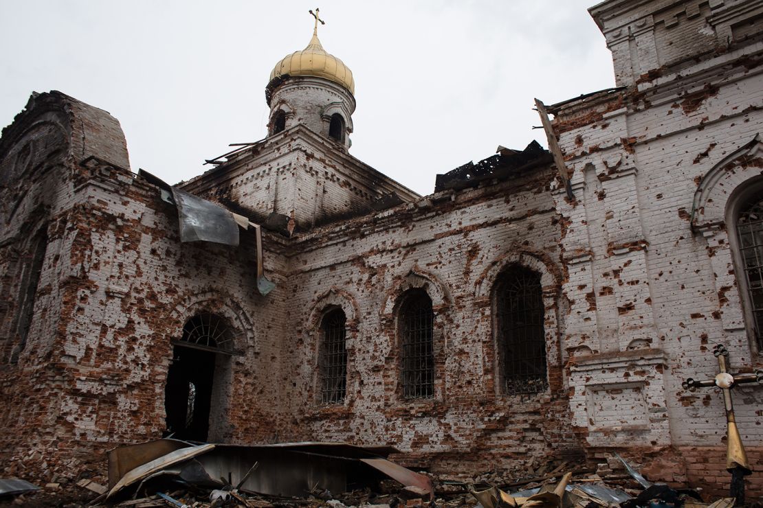 A destroyed wooden church on April 10, 2022 in Lukashivka village, Ukraine. 