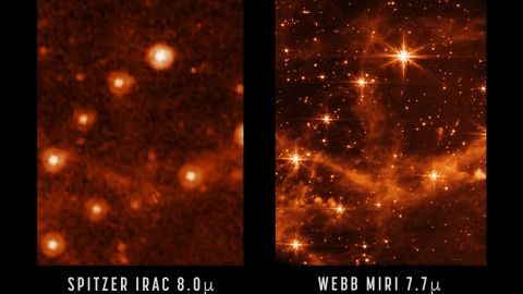 Primerjajte raven ostrine in podrobnosti, ki sta jih zajela vesoljski teleskop Spitzer (levo) in vesoljski teleskop James Webb (desno).