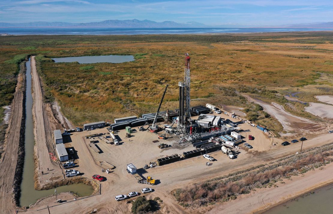 This aerial view shows the Controlled Thermal Resources (CRT) drilling rig in Calipatria, California, on December 15, 2021.