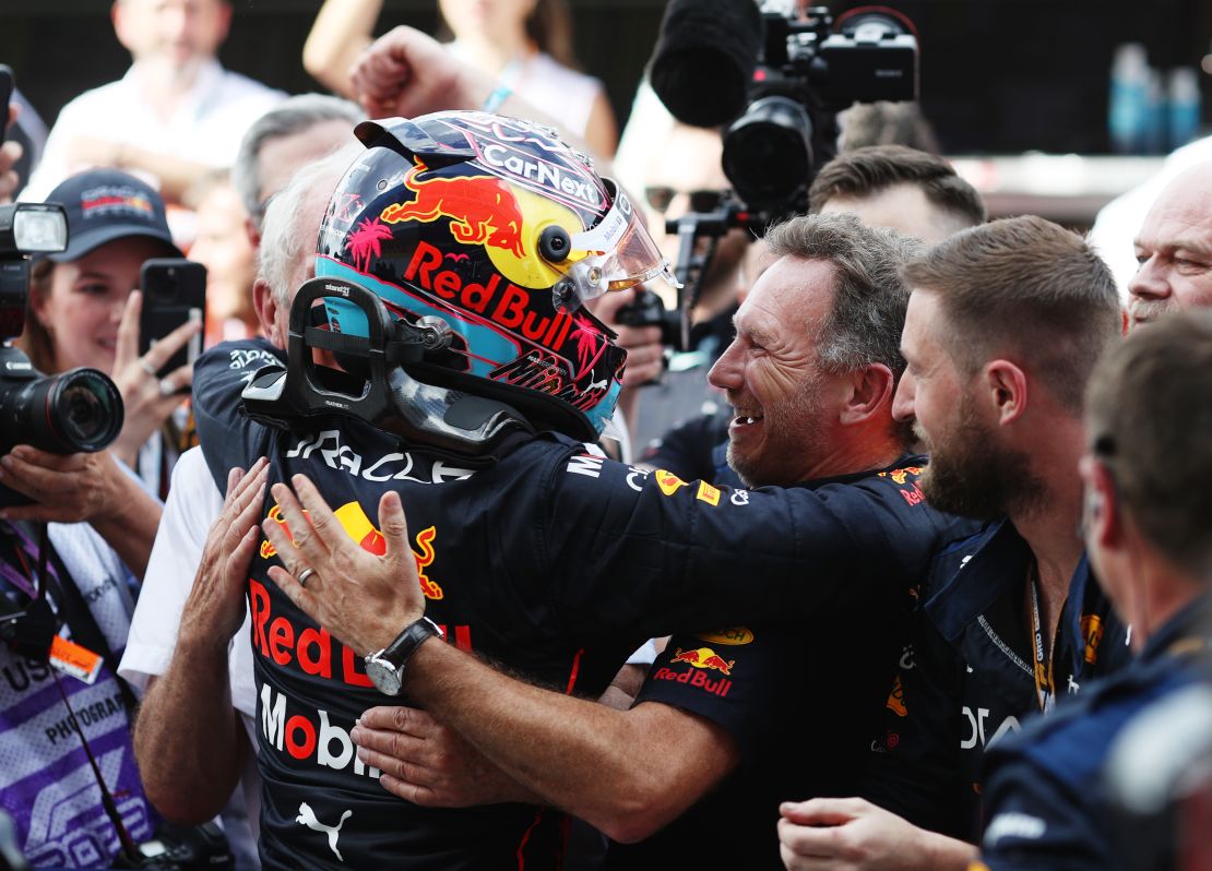 Verstappen (left) and Horner (right) celebrate the Dutchman's victory at the Miami Grand Prix. 