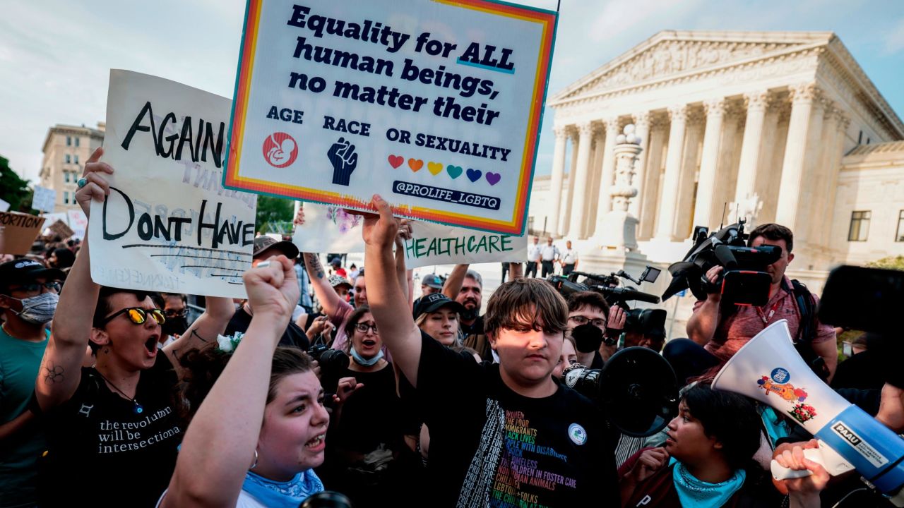 Anti-abortion rights demonstrators protest May 3 in front of the US Supreme Court Building in Washington, DC.