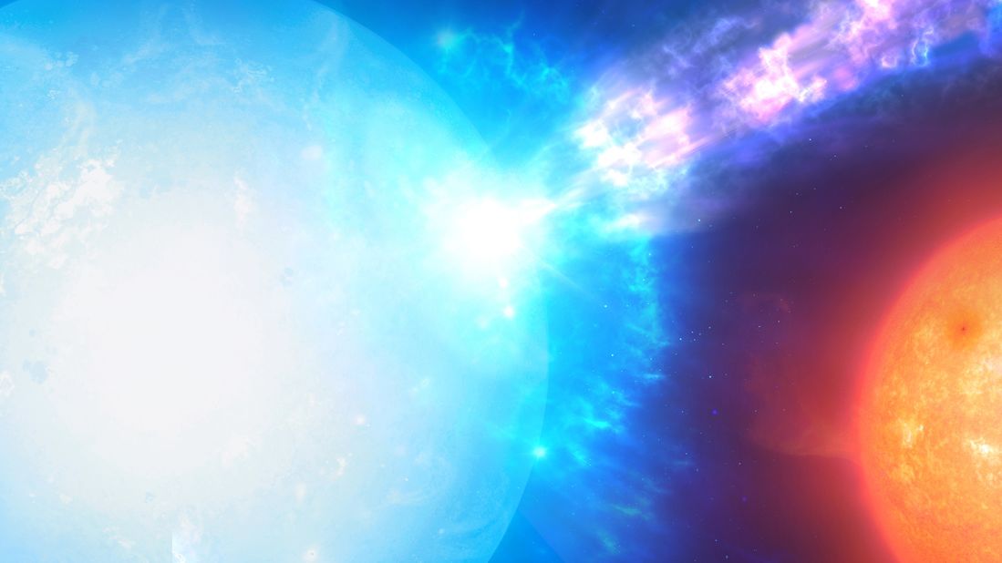 This artist's impression shows a two-star system, with a white dwarf (foreground) and a companion star (background), where a micronova explosion can occur. Although these stellar explosions are smaller than supernovae, they can be intensely powerful.