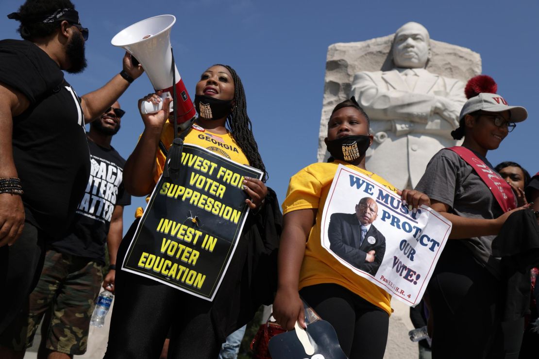 Voting rights demonstration at the Martin Luther King Jr. Memorial in Washington, DC, August 6, 2021.