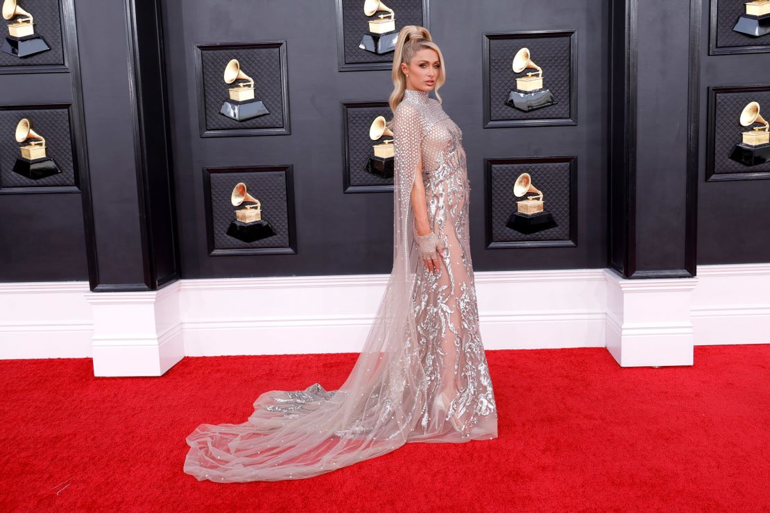 Paris Hilton attends the 64th Annual Grammy Awards in her "Queen of the Metaverse" dress