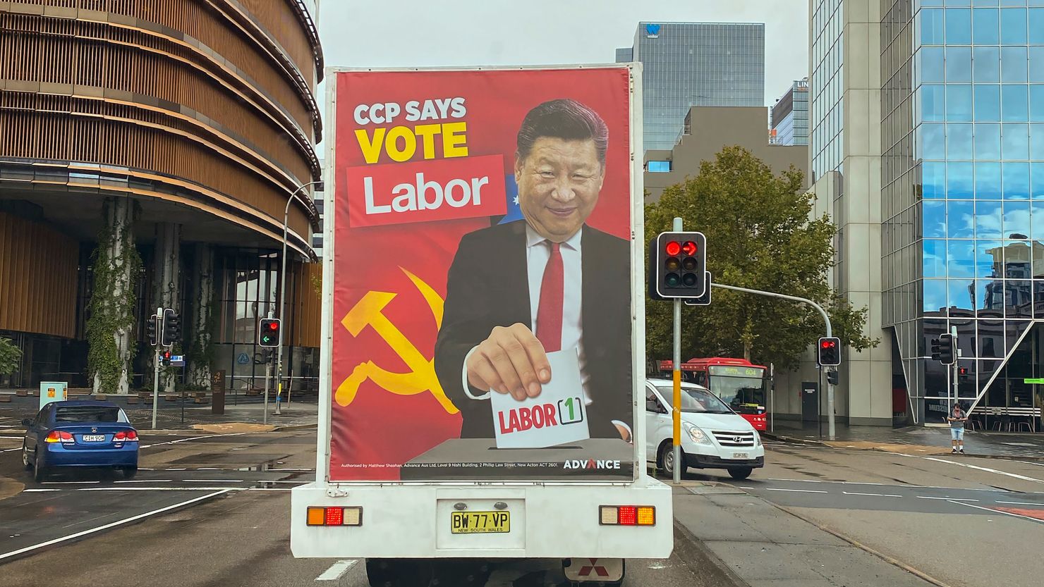 A truck sponsored by conservative lobby group Advance Australia shows Chinese President Xi Jinping casting a vote for the opposition Labor Party in Sydney, Saturday, April 9.