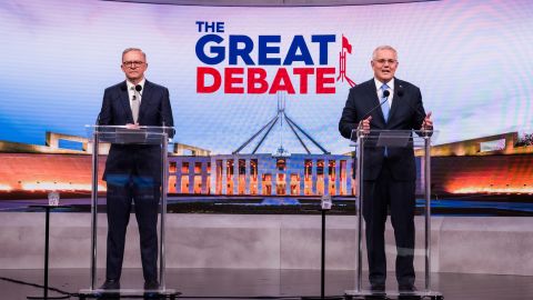 Australian opposition leader Anthony Albanese and Prime Minister Scott Morrison debate on live television ahead of the federal election, during the second leaders' debate on May 8.