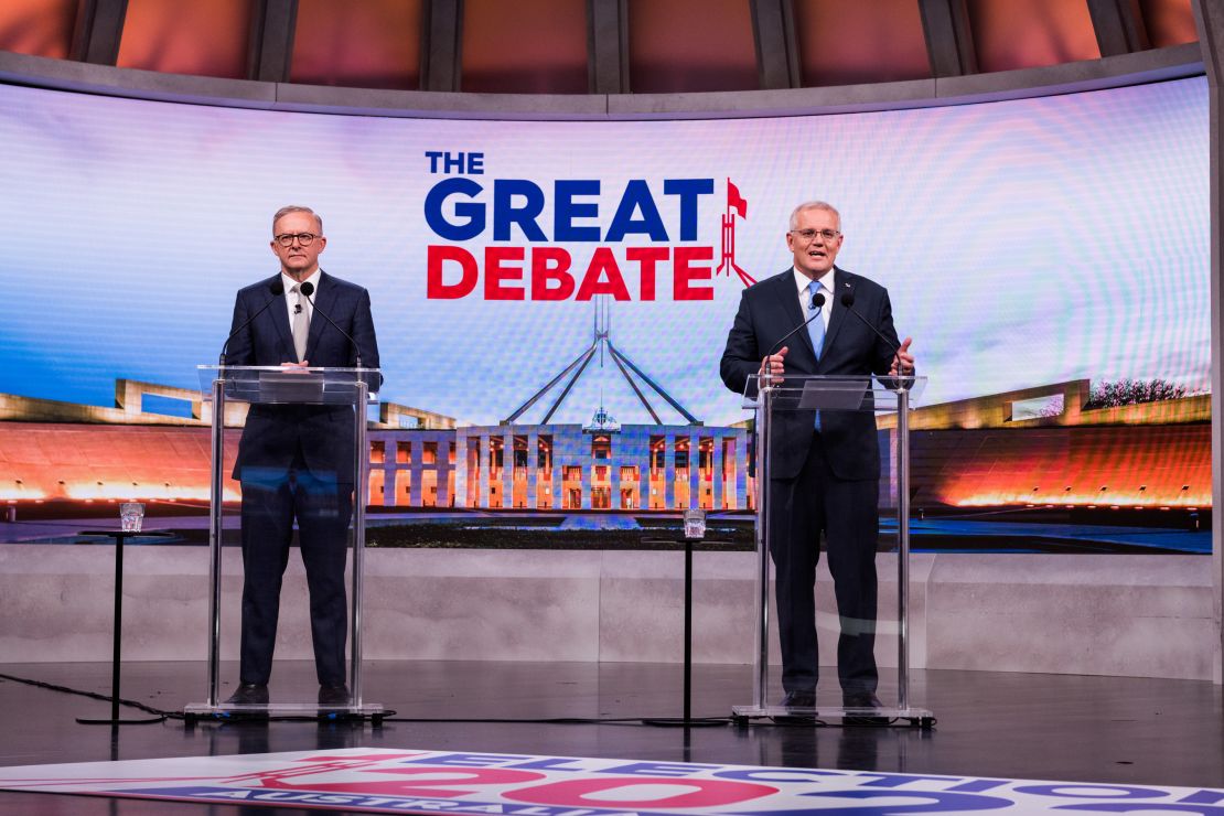 Australian opposition leader Anthony Albanese and Prime Minister Scott Morrison debate on live television ahead of the federal election, during the second leaders' debate on May 8.