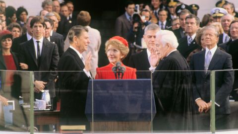 President-elect Ronald Reagan takes the oath of office during inauguration ceremonies in Washington, DC in 1981.