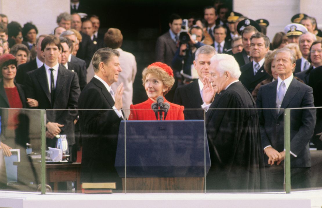 President-elect Ronald Reagan takes the oath of office during inauguration ceremonies in Washington, DC in 1981.