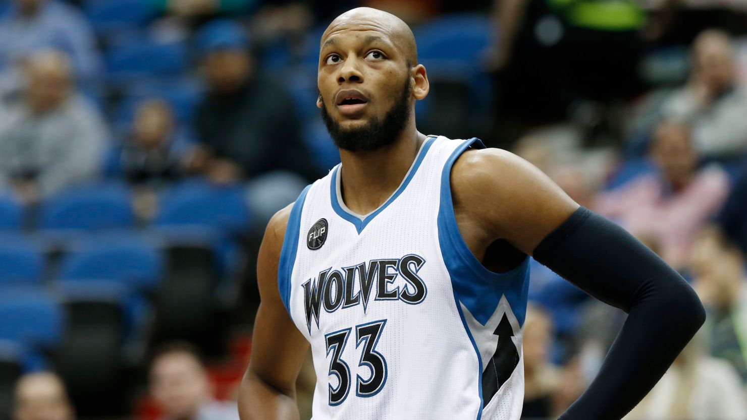 Adreian Payne is pictured playing for the Minnesota Timberwolves against the Charlotte Hornets in the first quarter of an NBA basketball game, Tuesday, Nov. 10, 2015, in Minneapolis.