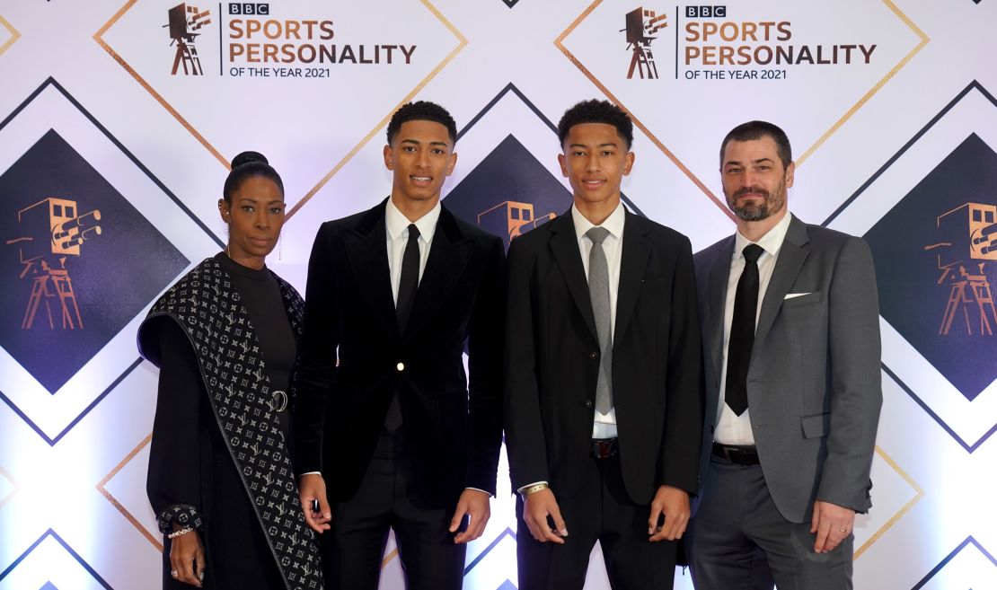 Denise Bellingham (left), Jude Bellingham (second left), Jobe Bellingham (second right) and Mark Bellingham (right) on the red carpet prior to the BBC Sports Personality of the Year Awards 2021.