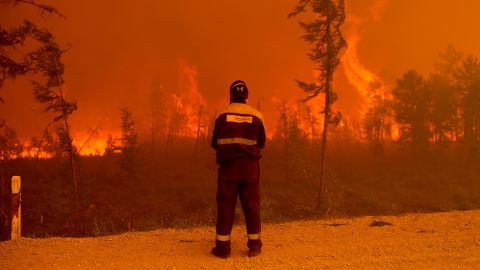 A forest fire near Kyuyorelyakh village at Gorny Ulus in Russia, on August 7, 2021.