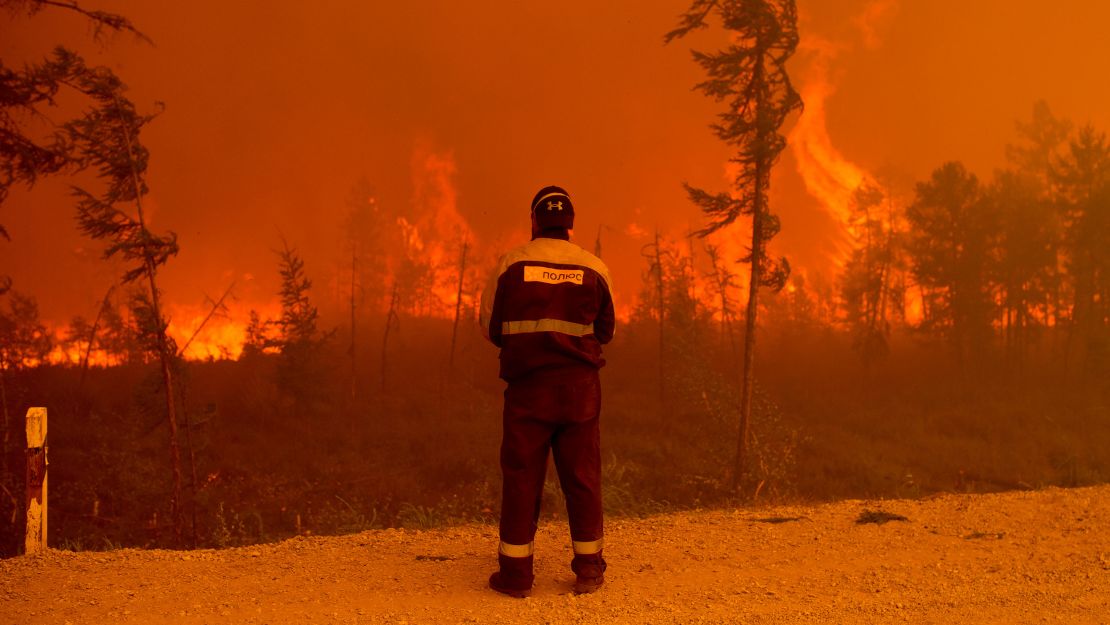 A forest fire near Kyuyorelyakh village at Gorny Ulus in Russia, on August 7, 2021.