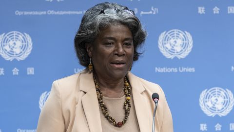 US ambassador to the UN Linda Thomas-Greenfield briefs reporters on the Security Council program of work for the month on May 3, 2022.