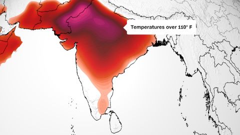 A forecast map shows most of India will weather high temperatures on Friday: over 32 degrees C/90 degrees F (in shades of orange);  over 38 degrees C/100 degrees F (in red);  or over 43 degrees C/110 degrees F (in pink).