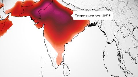 A forecast map shows most of India will endure high temperatures Friday: over 32 degrees C/90 degrees F (in orange hues); over 38 degrees C/100 degrees F (in reds); or over 43 degrees C/110 degrees F (in pinks).