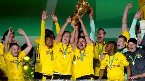 Haaland celebrates Dortmund's DFB Pokal overall win against RB Leipzig last year. 