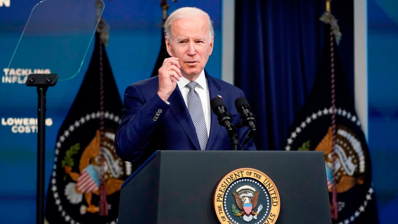 President Joe Biden speaks about inflation at the Eisenhower Executive Office Building on the White House complex, Tuesday, May 10, 2022, in Washington. (AP Photo/Manuel Balce Ceneta)