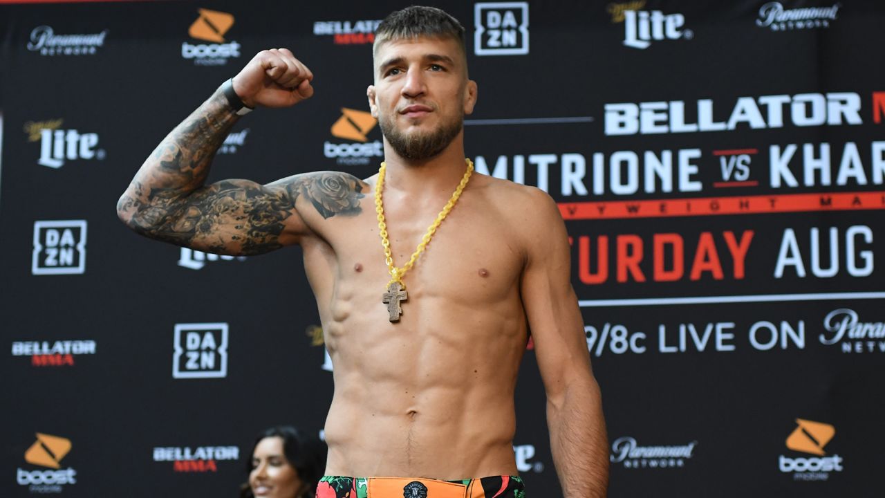 Yaroslav Amosov poses for photos at the weigh-in before challenging Dave Rickels in August 2019.