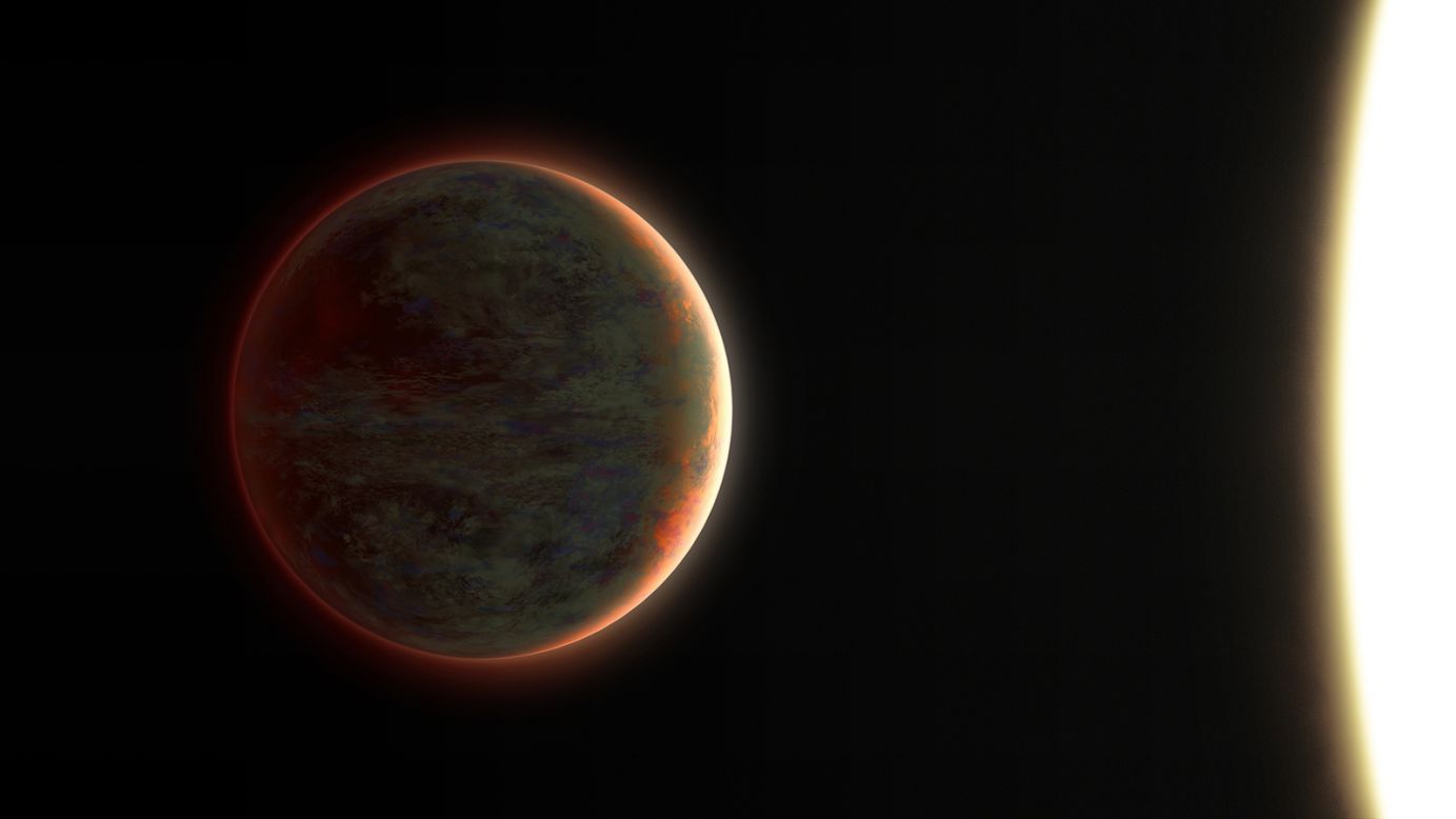 Artist's impression of the exoplanet WASP-121 b. It belongs to the class of hot Jupiters. Due to its proximity to the central star, the planet's rotation is tidally locked to its orbit around it. As a result, one of WASP-121 b's hemispheres always faces the star, heating it to temperatures of up to 3000 degrees Celsius. The night side is always oriented towards cold space, which is why it is 1500 degrees Celsius cooler there.