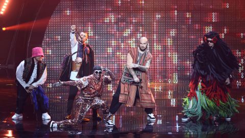The Kalsuh Orchestra from Ukraine performs with the title Stefania at the first semifinal of the Eurovision Song Contest (ESC).