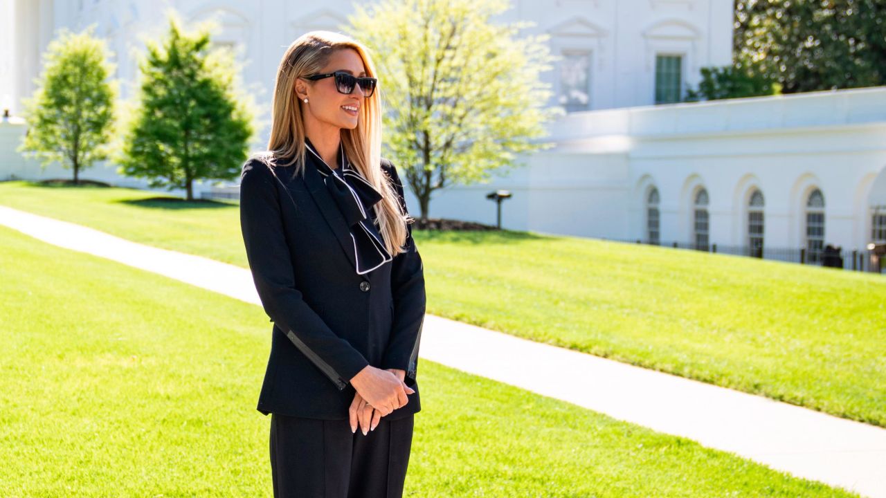 Actress and model Paris Hilton stands outside the White House on May 10, 2022 in Washington.