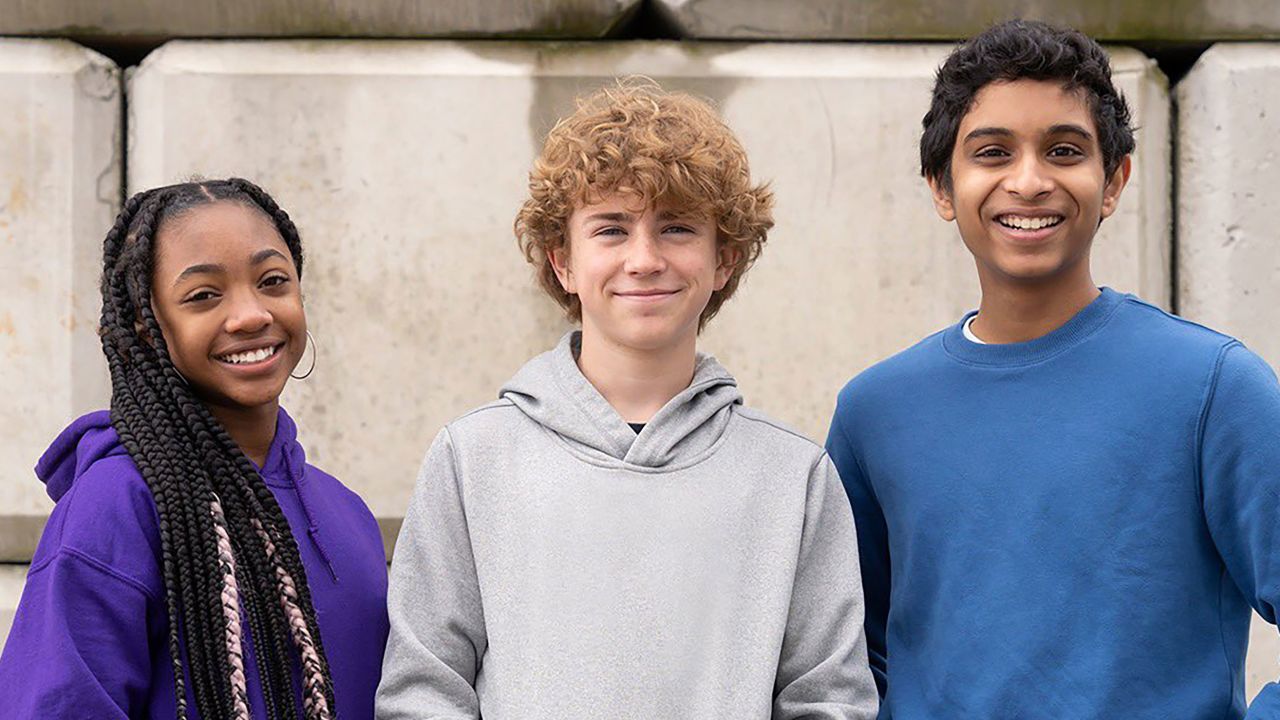Leah Jeffries, far left, with co-stars Walker Scobell, center, and Aryan Simhadri.